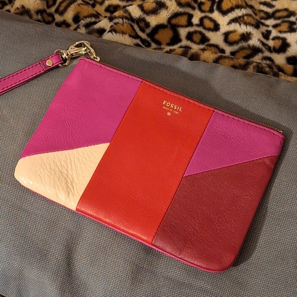 Fossil Wristlet 7" x 5" Red Fuschia Leather Colorblock Clutch Classic Retro